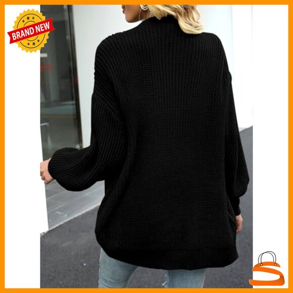 Chunky Knit Cardigan Oversized Lantern Sleeve Open Front Sweater with Pockets - Picture 4 of 7